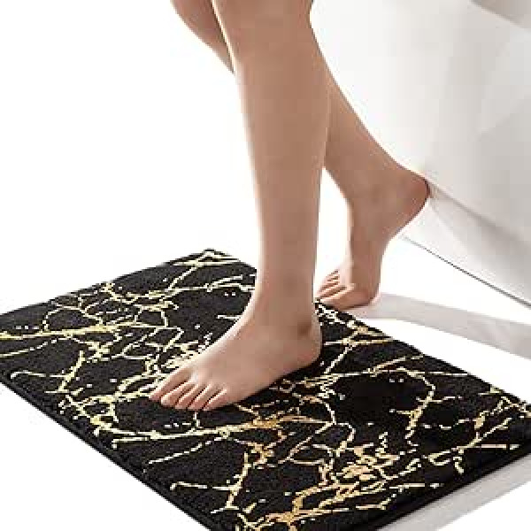 QJHOMO Black Bath Mat 40 x 60 cm Bathroom Mat Non-Slip Bath Mats Gold Stripes Marble Carpet Absorbent Microfiber Bathroom Rug Machine Washable Floor Rug for Shower, Living Room