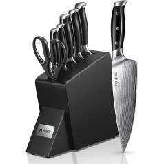 FOHERE 7-Piece Damask Knife Block with Knife, Japanese Damascus Steel VG-10, Non-Slip and Triple Riveted Handle for Kitchen Knives, Black