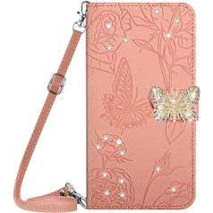 Vqwq Mobile Phone Case for Xiaomi Redmi Note 11-1.5M Lanyard Glitter Butterfly Protective Case for Xiaomi Redmi Note 12S 4G / Redmi Note 11 Leather Case Card Slot Flip Flip Case Magnet [HT03] Pink 2