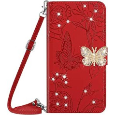 Vqwq Mobile Phone Case for Oppo Realme 10 Pro+ Plus - 1.5M Lanyard Glitter Butterfly Protective Case for Oppo Realme 10 Pro+ Plus Leather Case Card Slot Flip Case Magnet [HT03]-Red 2