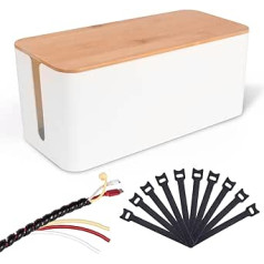 O4L Cable Storage Box in White with Bamboo Wood Lid, Cable Management Box with Cable Spiral and Velcro Cable Ties, Socket Box for Cable Hiding 32 x 13.5 x 13 cm