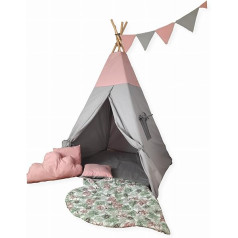 Tipoo -Tipi Tent Dirty Pink with Grey Cushion, Leaf-shaped Mat, Garland, Stabiliser