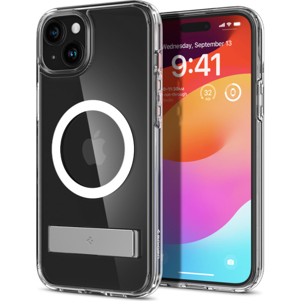 Spigen Ultra Hybrid S MagSafe maciņš ar statīvu priekš iPhone 15 Plus, caurspīdīgs