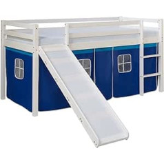 Homestyle4u 1544 Children's Bed 90 x 200 cm, White, Cabin Bed with Slide Curtain, Blue, Pine Wood