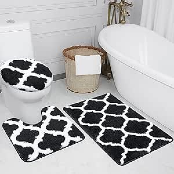 McEu Bathroom Rug Set 3-Piece Non-Slip Washable Bath Mat Set, Fluffy Soft Absorbent Bath Mat Bath Mat Set with Toilet Lid Cover, 50 x 80 cm + 50 x 50 cm + 38 x 42 cm (Black)