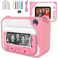 Ushining Kids Camera, Digital Camera for Children, 1080P HD Video Camera with 2.4 Inch IPS Screen, Instant Camera with 32GB Micro SD Card and 3 Rolls of Printing Paper, Gift for Children (Pink)