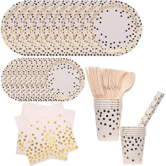 Trimming Shop 80 Piece Party Tableware Set Polka Dot Disposable Paper Party Tableware Tableware Plates Cups Napkins Cutlery Forks Spoons Straws for Wedding Anniversary White