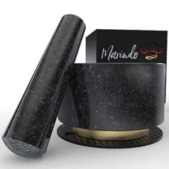 MARINDO Granite Mortar with Pestle | Mortar with Extra Long Pestle & Gold Coated Copper Base | Includes Non-Slip Pad & Instructions | Robust, Durable & Solid