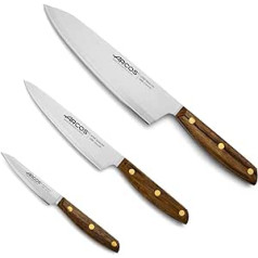Arcos Nordika Series - Set of 3 Kitchen Knives (Paring Knife + Kitchen Knife + Chef's Knife) - Nitrum Stainless Steel - Ovengkol Wooden Handle 100% Natural FSC - 100% Recycled Packaging - Colour Brown