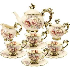 fanquare 15 Pieces Rose Flowers English Ceramic Tea Sets, Vintage China Coffee Set, Tea Service for Adults