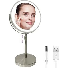 WITFAMILY 8 Inch Height-Adjustable 1x/10x Table Mirror, Rechargeable Stand Makeup Mirror with 3 Colour Modes and Adjustable Brightness (Nickel)