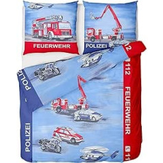 LINKHOFF Children's Bed Linen Set 135 x 200 cm for Boys - Police & Fire Brigade Bed Linen Children - Renforce Cotton - Pillow 80 x 80 cm + Duvet Cover 135 x 200 cm