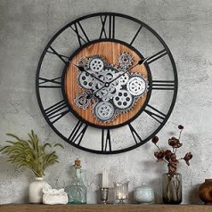 Lafocuse Large Wall Clock with Movable Gears Industrial Steampunk XXL Wood Vintage Retro Black Romantic Numbers 57 cm for Kitchen Living Room Bar