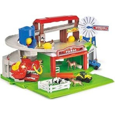 Dickie Toys Farm Playset and Parking Garage - with Light and Sound, Includes Vehicles, Elevator, Farm Animals and Hay Bales for Children Aged 3+