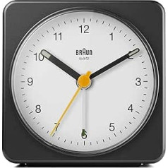 Braun Classic Analog Alarm Clock with Snooze and Light, Quiet Quartz Sweeping Movement, Crescendo Beep Alarm in Black and White, Model BC03BW.