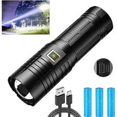‎Asort LED Torch Extremely Bright 40000 Lumens, USB Rechargeable Tactical Torches with 6000 mAh Battery, IPx67 Waterproof, 5 Light Modes for Camping, Hiking, Emergencies