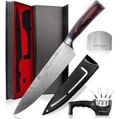 Salqinos 7cr17mov Chef's Kitchen Knife 20 cm Professional Knife Made of High-Quality Carbon Stainless Steel with Knife Sharpener 3 Levels and Finger Protection in Gift Box