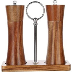 KKC Salt and Pepper Mill, Manual Wood Adjustable Ceramic Grinder Spice Mill for Coarse Salt, Acacia Wood Salt Mill Pepper Mills, Kitchen Pepper Chilli Mills, Mill Set with Tray 15 cm