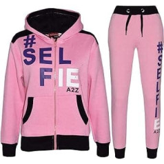 A2Z 4 Kids Tracksuit Girls Boys Baby Pink #Selfie Print Zip Top Fleece Hoodie & Bottom Jogging Suit Joggers Age 5-13 Years