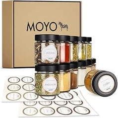 MOYO Spice Jars – High-Quality Spice Jars Made in Germany – Set of 12 Spice Containers with Labels – Kitchen Organisation and Spice Storage