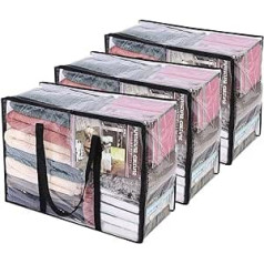 Pack of 3 Transparent Clothes Storage Bags with Reinforced Handle, 46 x 38 x 23 cm, Vinyl Organiser for Duvet, Bed Linen, Transparent Carry Bag with Sturdy Zip