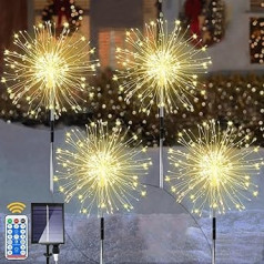 Yowin Pack of 4 Solar Plug Garden Lights 120 LED Solar Lights Fireworks 8 Lighting Modes Garden Stake Dandelion Solar Lights with Remote Control for Outdoor Garden Balcony Paths Lawn Decoration (Warm