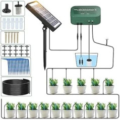 PChero Solar Irrigation System with Timer, Automatic Watering System with 15 m Hose for Garden, Greenhouse, Balcony Potted Plants, Vegetables, Outdoors, Indoors