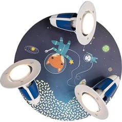 Elobra Ceiling Light Astronauts, Space, Animals, Children's Room, Wall Lamp, Children's Lamp, Round with 3 Swivelling Spots, Blue, Girls and Boys, with E14 Socket