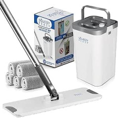 SqueezyPeasy Premium Flat Mop and Bucket Set for Floor Cleaning, Compact and Lightweight Cleaning System with 360° Rotating Head, 5 Reusable Microfibre Wet and Dry Mop Pads in