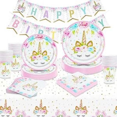 Raveparty Tableware Birthday Unicorn, Birthday Set Unicorn Paper Plates Napkins Tablecloth Paper Cups for Party Birthday Girls (Unicorn 2)