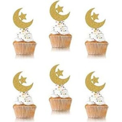 SWHATYW 48 Pieces Glitter Moon and Star Eid Mubarak Cupcake Toppers Ramadan Kareem Party Decorations Islamic Muslim Party Supplies