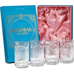 GLASSIQUE CADEAU Vintage Art Deco 1920s Long Drink Crystal Cocktail Glasses | Set of 4 | 400 ml High Highball Glasses for Mojito, Gin, Rum, Vodka, Whiskey Long Cocktails | Unusual Long Drink Glasses