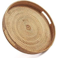 DECRAFTS Round Rattan Serving Tray with Handle, Woven Decorative Tray for Coffee Table, Ottoman Natural (Small 30 cm x 6 cm)