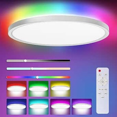 LED Ceiling Light with Remote Control, 24 W, 3000 K - 6000 K, Dimmable, IP54 Waterproof Ceiling Light, with 7 RGB Backlight, Suitable for Bathrooms, Kitchens, Lobbies, Bedroom, Children's Room