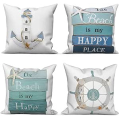 ASDCXZ Set of 4 maritime cushion covers, 50 x 50 cm, maritime anchor, sea compass, sandy beach, white, sofa decorative cushion cover, cushion cover, cushion cover, washable polyester linen textile