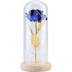 Duokon Glass Dome Rose Flower LED Lamp, Handmade Preserved Flowers, Eternal Rose with Glass Cover and Wooden Base for Valentine's Day, Anniversary, Birthday, Wedding (Blue)