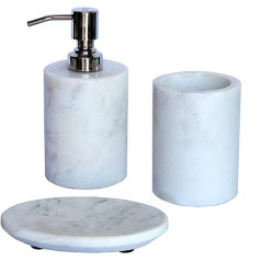 KLEO Bathroom Accessory Set Natural Stone Bathroom Accessory Set Consisting of Soap Dispenser, Toothbrush Holder, Soap Dish (White - Set of 3)