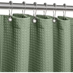 ZARCKER Waterproof Shower Curtain, 182 x 92 cm, Waffle Bath Curtain with Impermeable Coating, Anti-Mould Fabric, Textile Shower Curtain with 12 Shower Curtain Rings, Washable, Light Green