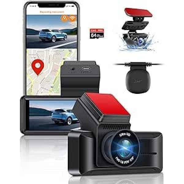 Vtopek 4K Dash Cam with WiFi Dash Cam Car with GPS 3.16 Inch Mini Car Camera with 64GB Card, Dash Cam Car Front Rear with Night Vision, WDR 170°+140° Wide Angle, Loop Recording, G-Sensor, Parking