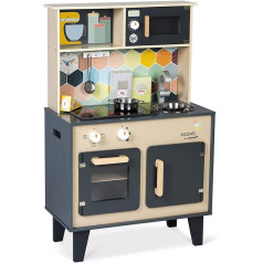 Janod - Mozaïc Big Cooker - Play Kitchen for Children - Children's Kitchen with Sound and Light - Wooden Kitchen with 3 Accessories + 3 Food Boxes - From 3 Years, J06609, 53 x 30 x 87 cm
