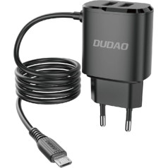 Dudao 2x USB sienas lādētājs ar iebūvētu 12W micro USB kabeli, melns