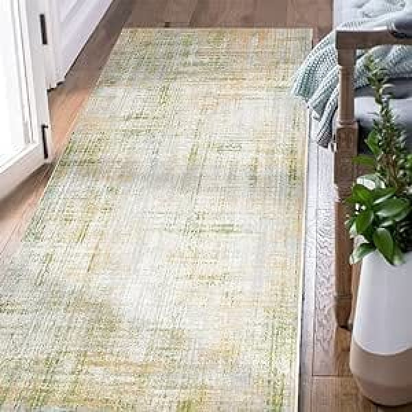 TOPICK Runner Hallway Abstract Rug Short Pile Thin Rugs Geometric Kitchen Rug Runner Bedroom Living Room Dining Room Study Office Foldable 60 x 210 cm Green