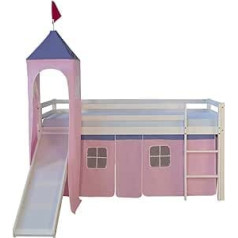 Homestyle4u 1551 Children's Cabin Bed with Slide, Ladder, Tower, Pink Rose Curtain, Solid Pine Wood, White, 90 x 200 cm