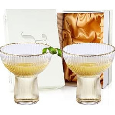 Gold Rimmed Cocktail & Margarita Glasses Ribbed Set of 2 Champagne Bowls with Gold Rim, Hand Blown Luxury Martini and Champagne Glasses, Elegant Wave Design, Gold Plated Rim (10 oz)