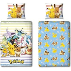 Pokemon 2-Piece Bed Linen Set, 135 x 200 cm + Pillow 80 x 80 cm, Pokémon Pikachu Light Blue, Children's Bed Linen, 100% Cotton Linon, with Zip