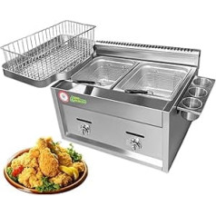 QUTBAG Gasfritteuse mit großer Kapazität, LPG-Doppelfritteuse aus Edelstahl mit Körben und Ölrücklaufwanne, freistehend, verstellbare Feuerkraft, abnehmbar und waschbar, für das Restaurant Küche B