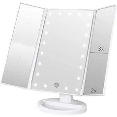 Infitrans Mirror with Light, Table Mirror with Touch Screen, Tri-Fold 1X/2X/3X Magnification and USB Charger or Wireless, LED Light 180° Adjustable for Travel Bench (White)