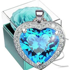 Eternal Rose with Aquamarine Chain Silver 925, Preserved Real Rose with Women's Crystal Heart Necklace, Eternal Cryan Roses Sapphire Necklace, Pastel Blue Infinity Rose Box Gift Mother Girlfriend