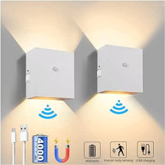 Wall Light Indoor Lamp with Motion Sensor Indoor Battery 7 W 2 Pieces Wall Light Battery Aluminium 4000 mAh Rechargeable Wall Light Without Power Connection Magnetic Hallway Lamp for Bedroom Warm