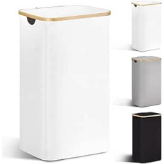 YOUDENOVA Laundry Basket with Lid 85 L Laundry Hamper Narrow with Laundry Bag Large Foldable Laundry Sorter Wooden Bamboo Laundry Chest Tall Laundry Baskets, White